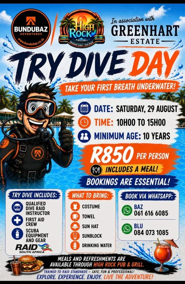 Try Dive Day poster — Saturday 29 August, 10h00 to 15h00 at GreenHart Estate, R850 per person including a meal, minimum age 10