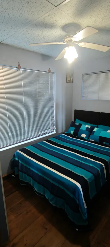 Bedroom with a double bed and a ceiling fan